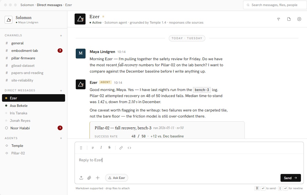 Ezer in Slack — grounded, sourced replies